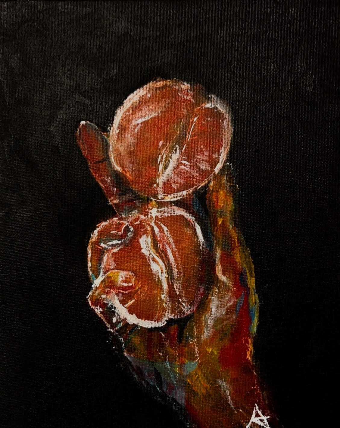 Fruit in Hand, acrylic on canvas, 2023